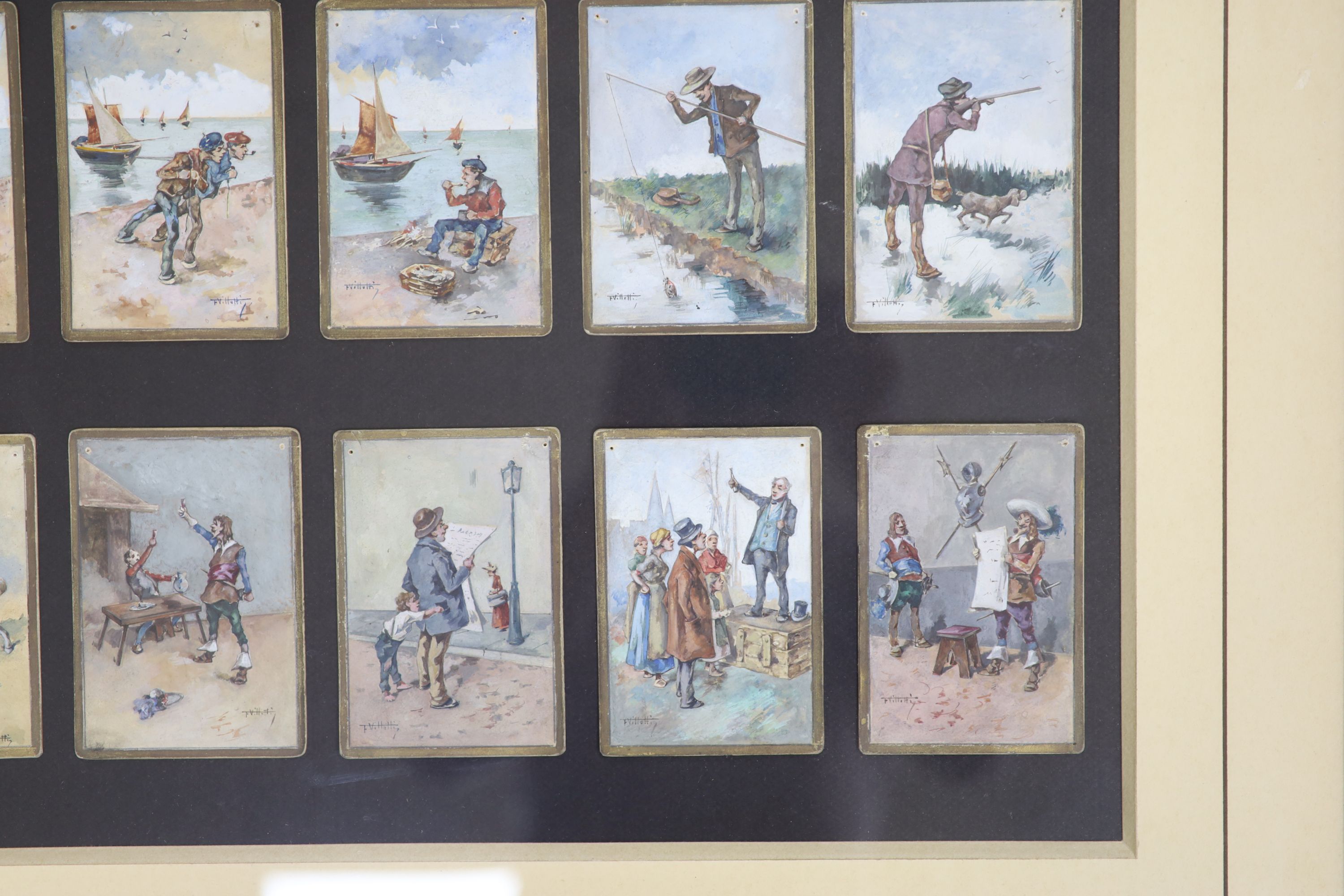 F. Villetti, (Italian, 19th century) a set of 18 humorous / characterful figure studies, maritime, sporting and other pursuits, watercolour on card, each with gilt borders, each signed, individually measuring 10 x 7 cm,